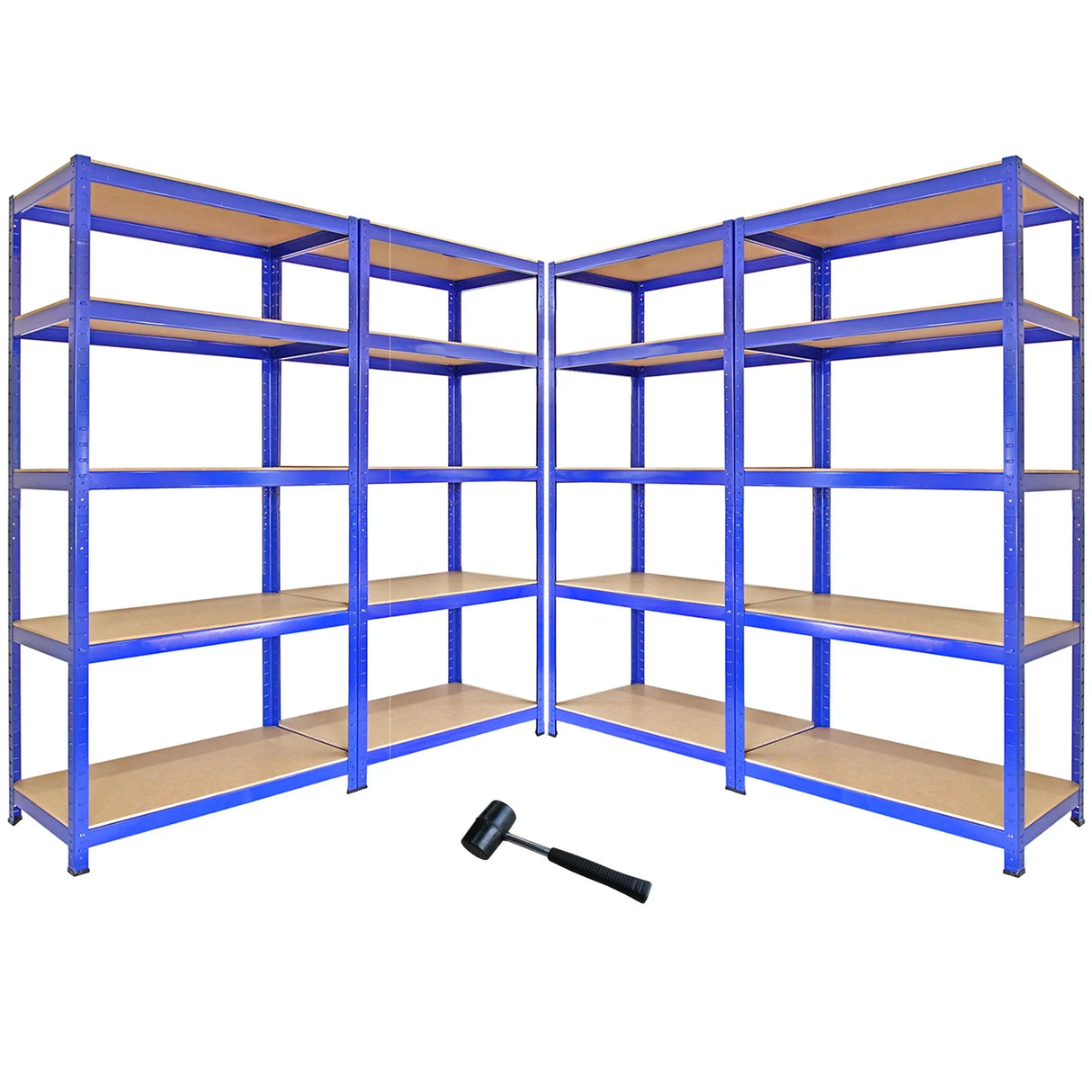 Blue Monster Racking T-Rax metal storage shelves, set of 4, featuring sturdy construction, wooden shelves, and a sleek design, ideal for organization