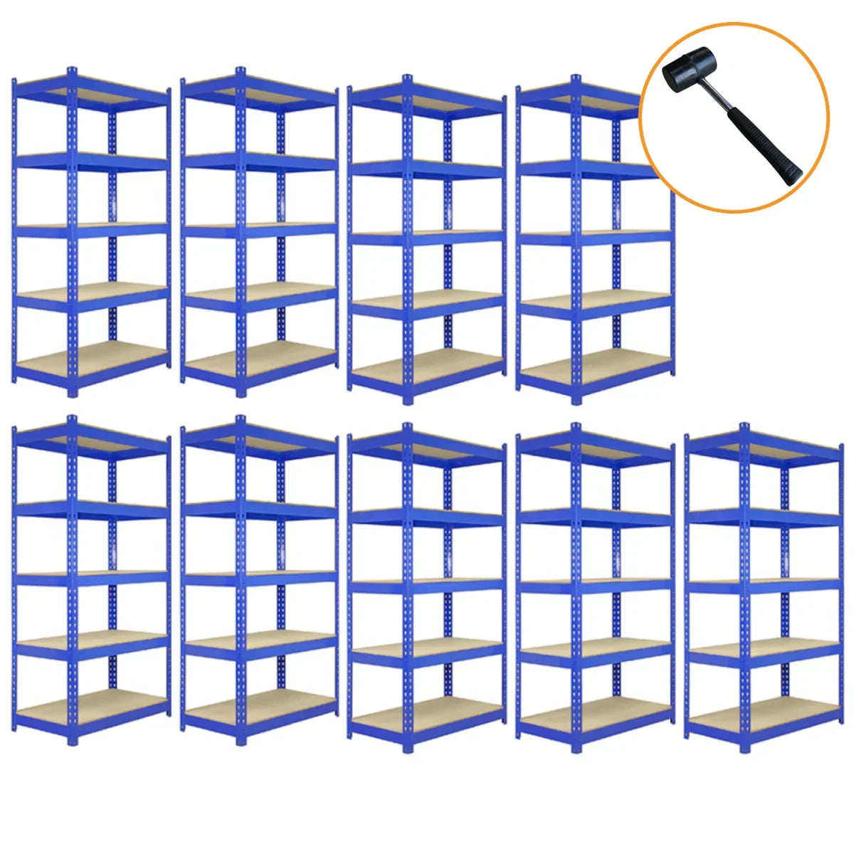 Nine blue metal racking units, each 90cm x 45cm x 180cm, featuring sturdy shelves and a rubber mallet for assembly included