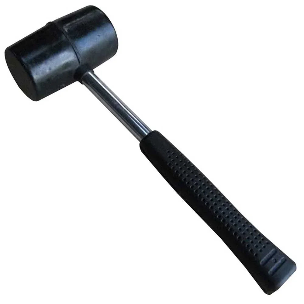 Black rubber mallet with a textured handle, designed for assembling storage racks, showcasing durability and ease of use
