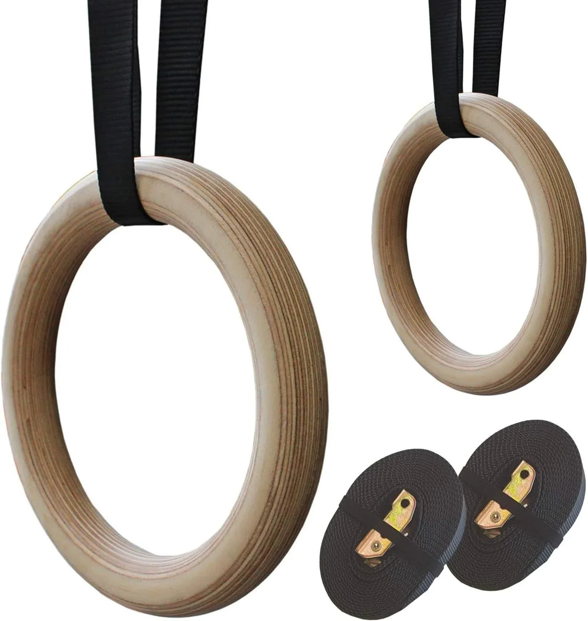 Natural wood gym rings with a smooth finish, suspended by durable black straps, ideal for strength training and fitness workouts
