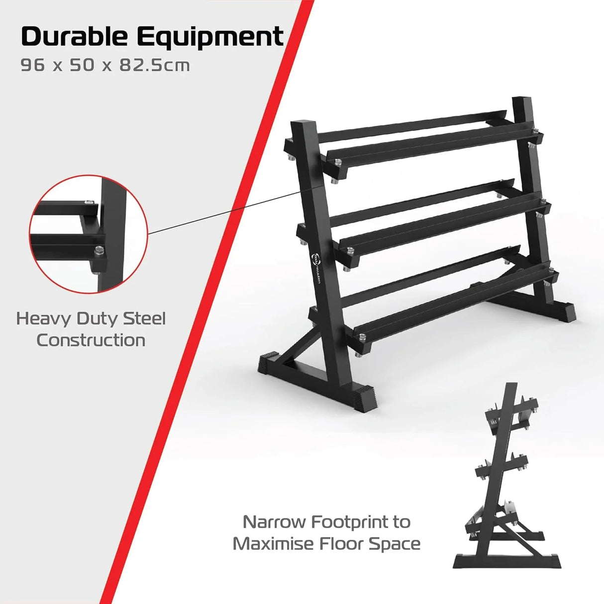 Wide 3-tier dumbbell rack featuring heavy-duty steel construction, sleek black finish, and a narrow footprint for efficient space use