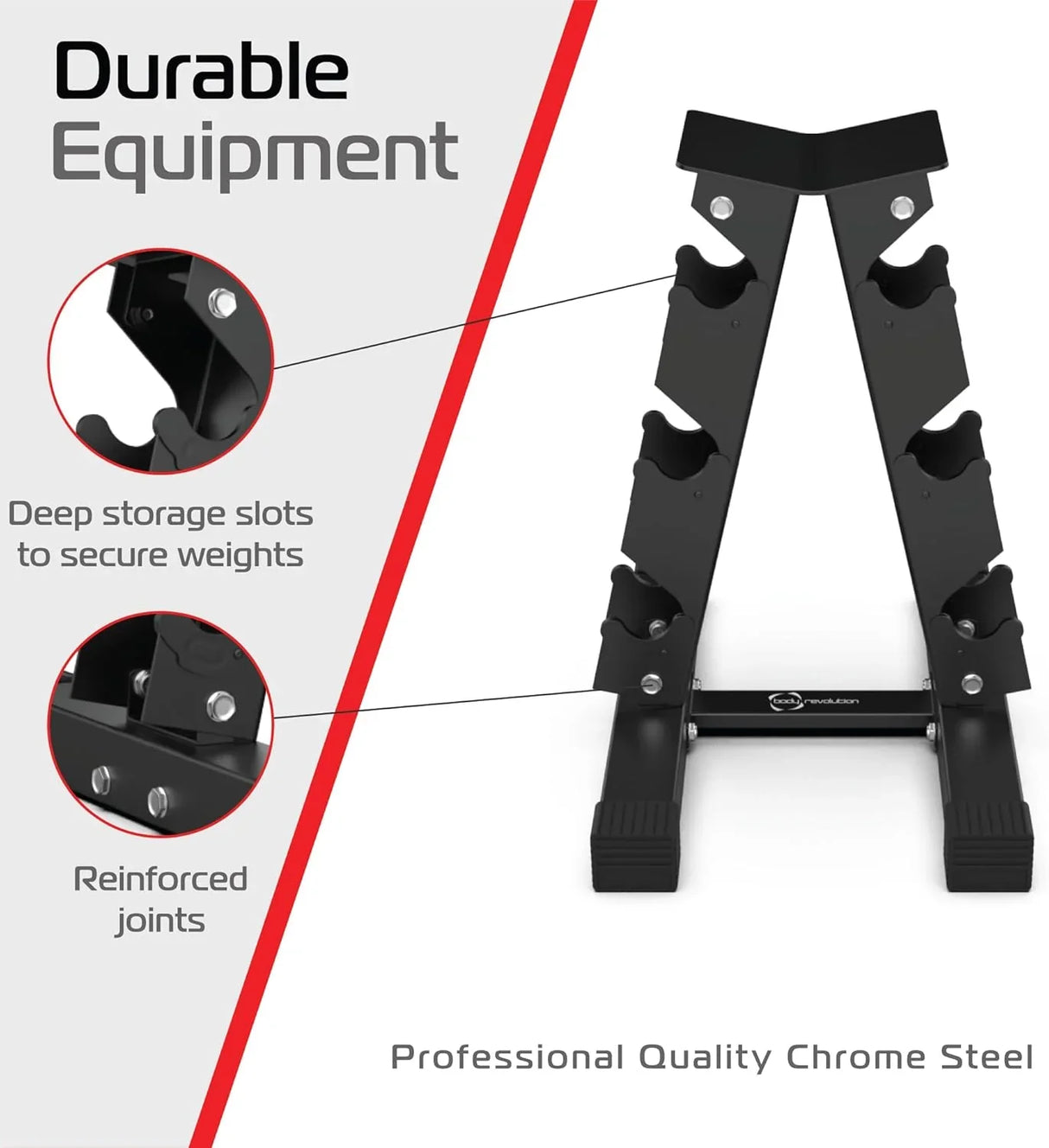 3 Tier Hex Dumbbell Weight Rack in black chrome steel with deep storage slots and reinforced joints for secure weight organization