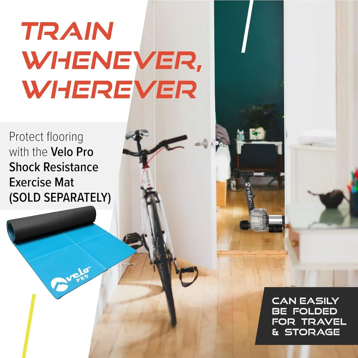 Black Velo Pro Fluid Turbo exercise mat with a sleek blue surface, designed to protect flooring, easily foldable for storage