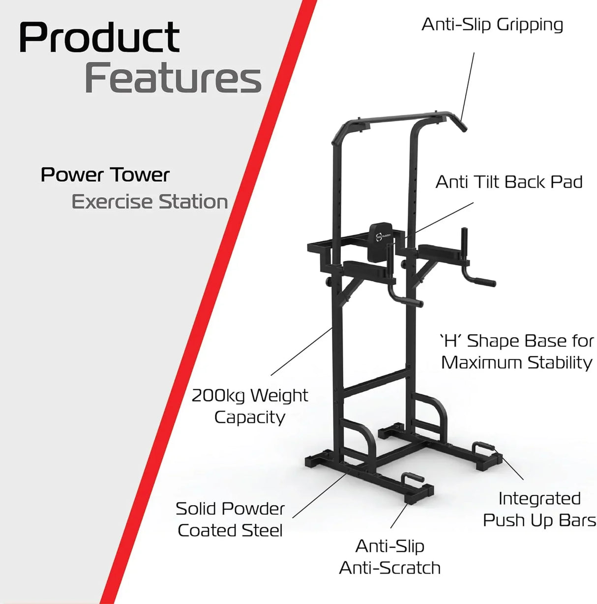 Body Revolution Parallettes/Dip Full Tower features a sturdy black powder-coated steel frame, anti-slip grips, and integrated push-up bars