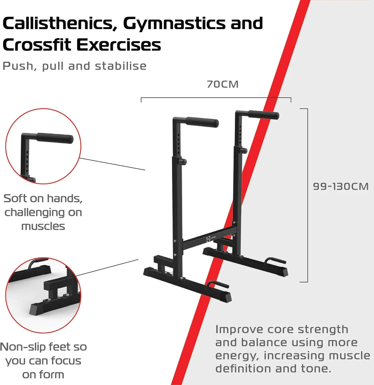 Black Parallettes Dip Bars XL with non-slip feet, adjustable height, and soft grips for calisthenics and CrossFit exercises