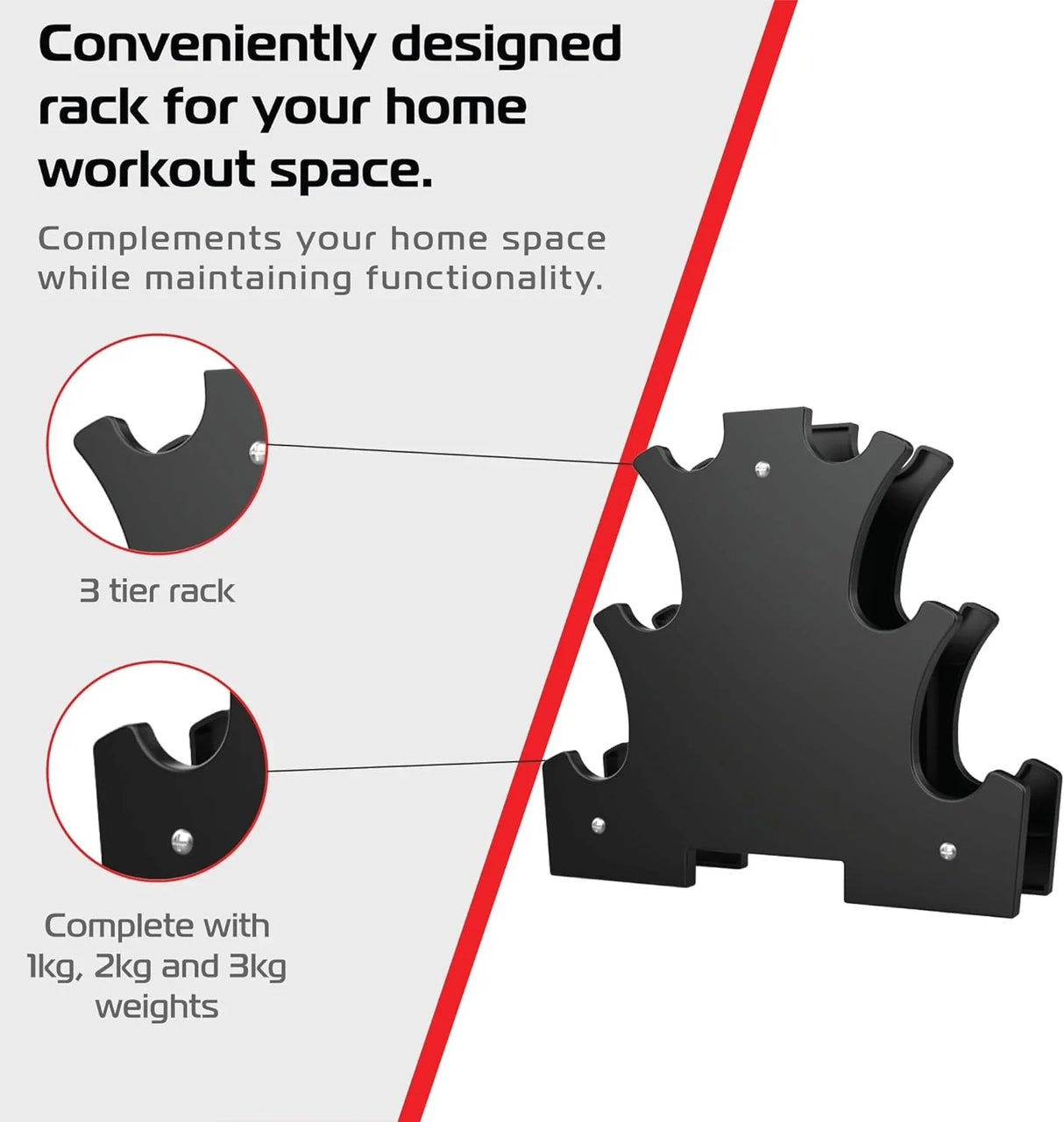 Neoprene dumbbell rack with three tiers, designed for 1kg, 2kg, and 3kg weights, featuring a sleek black finish