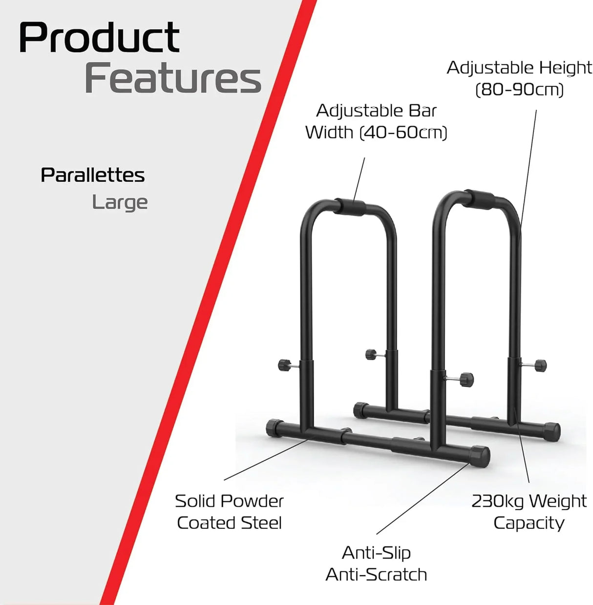 Large parallettes push-up handles in black, featuring adjustable height, solid powder-coated steel, and anti-slip design for stability
