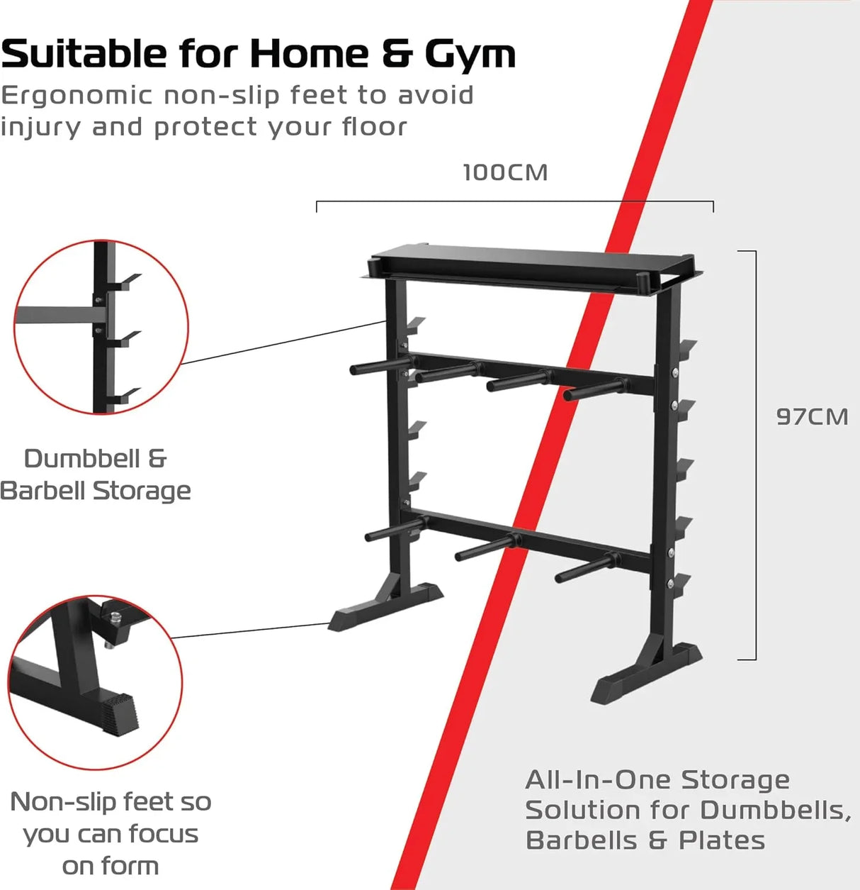 Heavy duty A-frame dumbbell rack in black metal with non-slip feet, designed for safe storage of dumbbells and barbells