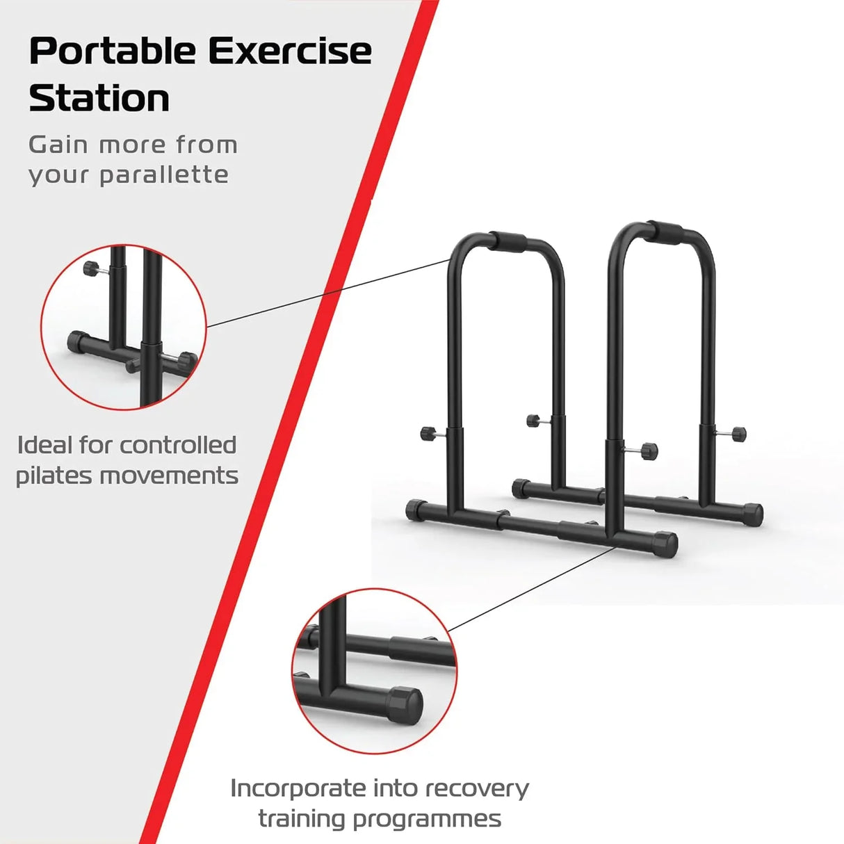 Large black parallettes push-up handles designed for stability, ideal for pilates and recovery training, featuring a sturdy frame