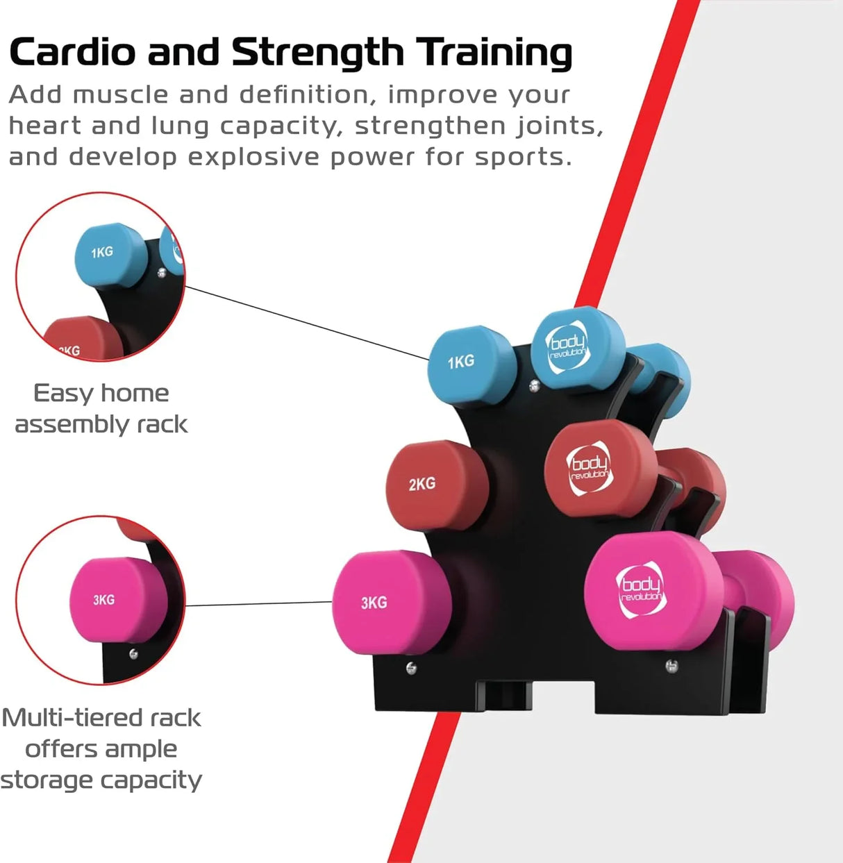 Colorful 12kg neoprene dumbbell set on a multi-tiered black rack, featuring weights from 1kg to 3kg for versatile workouts