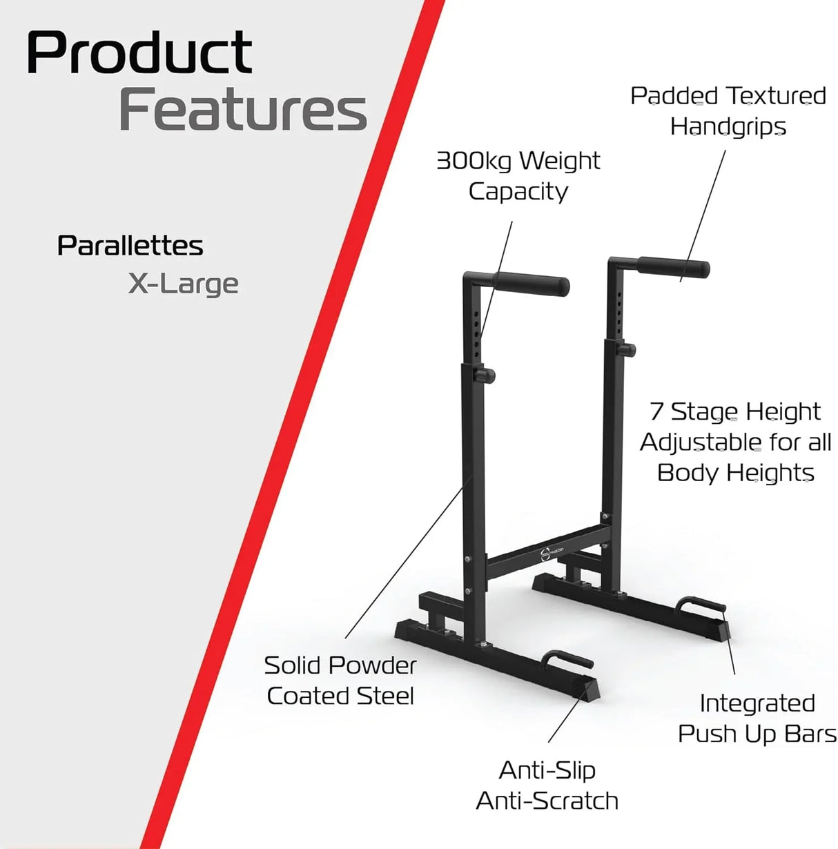 XL Parallettes Dip Bars with padded textured handgrips, solid powder-coated steel, adjustable height, and integrated push-up bars