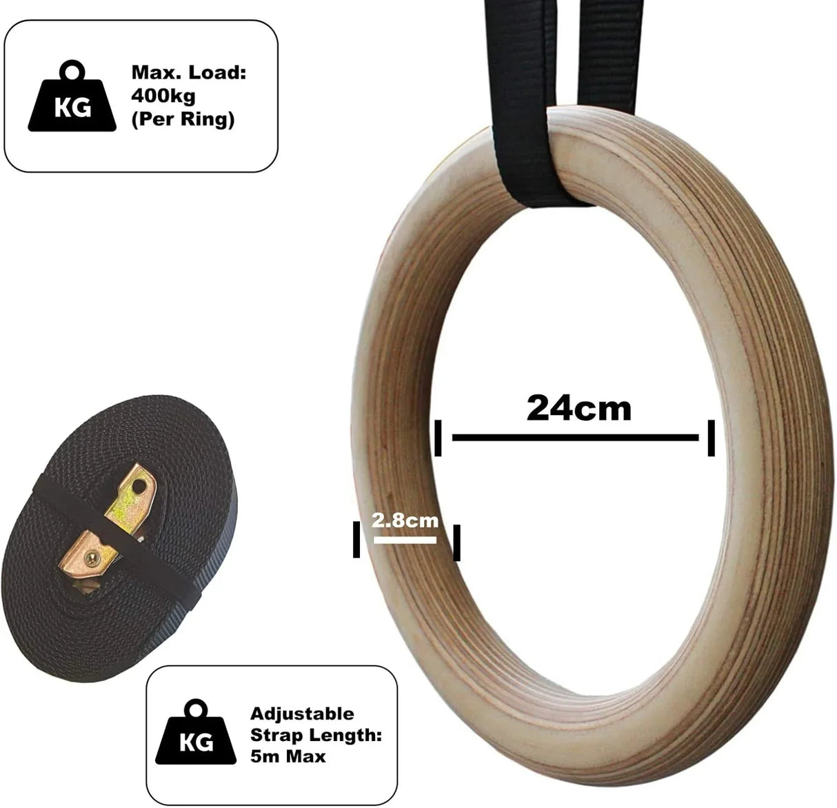 Wood gym rings with a smooth, natural finish, 24cm diameter, 2.8cm thick, featuring adjustable black straps for versatile workouts