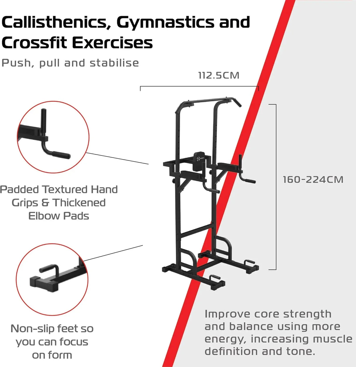 Body Revolution Parallettes/Dip Full Tower in black, featuring padded grips, thick elbow pads, and non-slip feet for stability and safety