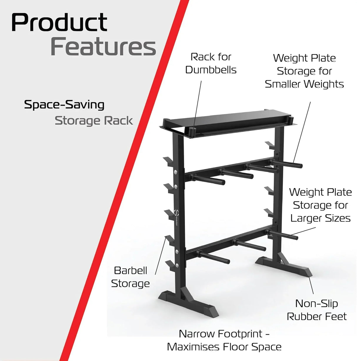 Heavy duty A-frame dumbbell rack in black, featuring multiple storage tiers for weights, non-slip rubber feet, and a compact design