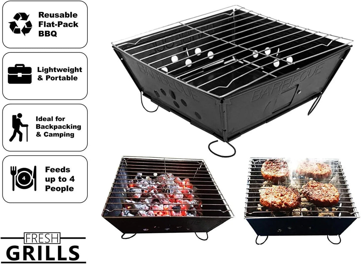 Small portable BBQ grill in black, featuring a flat-pack design, metal cooking grate, and charcoal, ideal for camping and outdoor use
