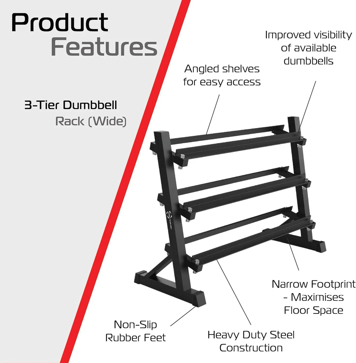 Wide 3-tier dumbbell rack featuring angled shelves, non-slip rubber feet, and heavy-duty steel construction for stability and easy access
