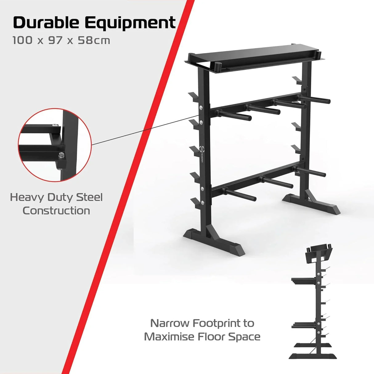 Heavy duty A-frame dumbbell rack in black steel, featuring a narrow footprint for space-saving and six adjustable storage levels