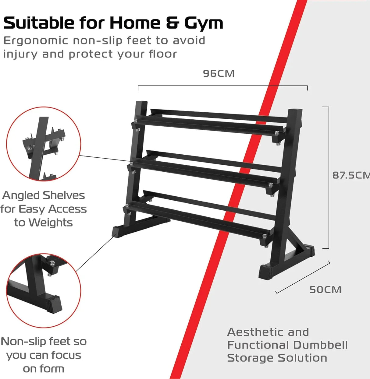 Wide 3-tier dumbbell rack with a sturdy black frame, angled shelves for easy access, and non-slip feet for stability in home or gym settings