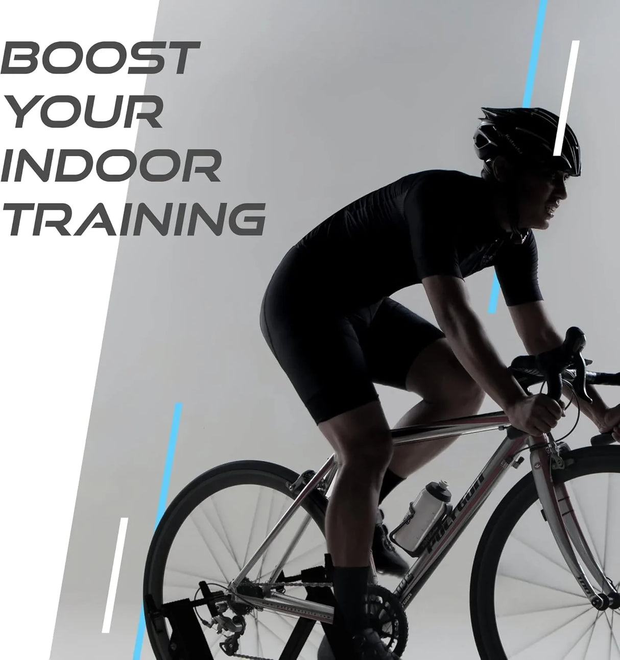 Black Velo Pro Fluid Turbo trainer with a cyclist in motion, showcasing sleek design and indoor training capabilities