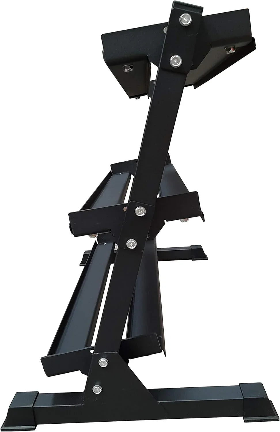 Wide 3-tier dumbbell rack in sleek black metal, featuring sturdy construction and angled design for easy access to weights