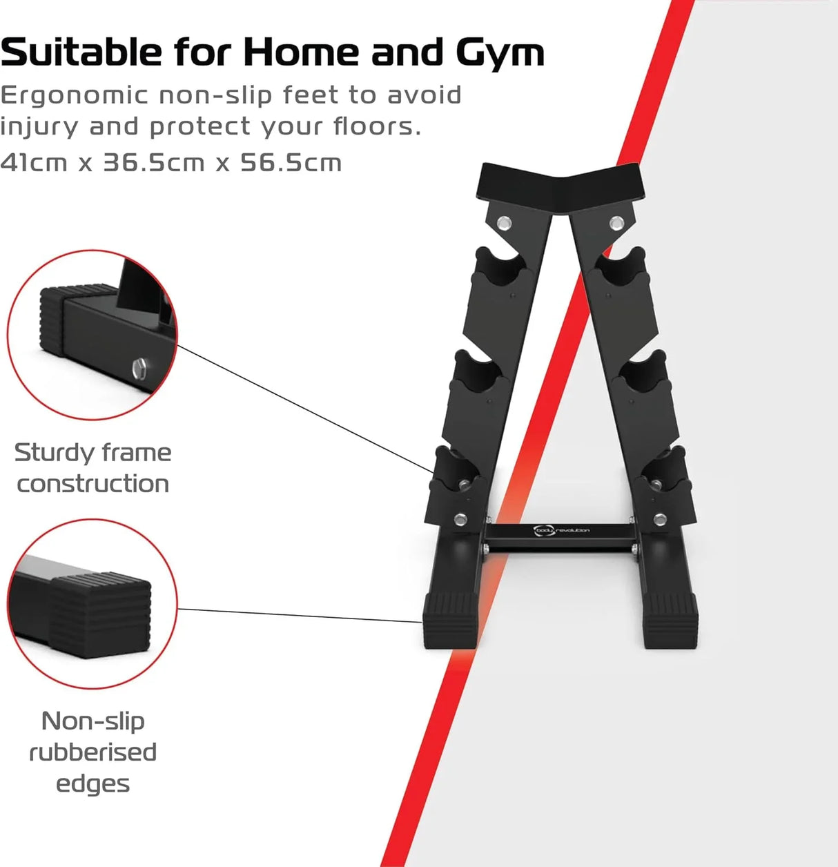 3 Tier Hex Dumbbell Weight Rack in black, featuring sturdy frame, non-slip rubberized edges, and ergonomic design for home or gym use