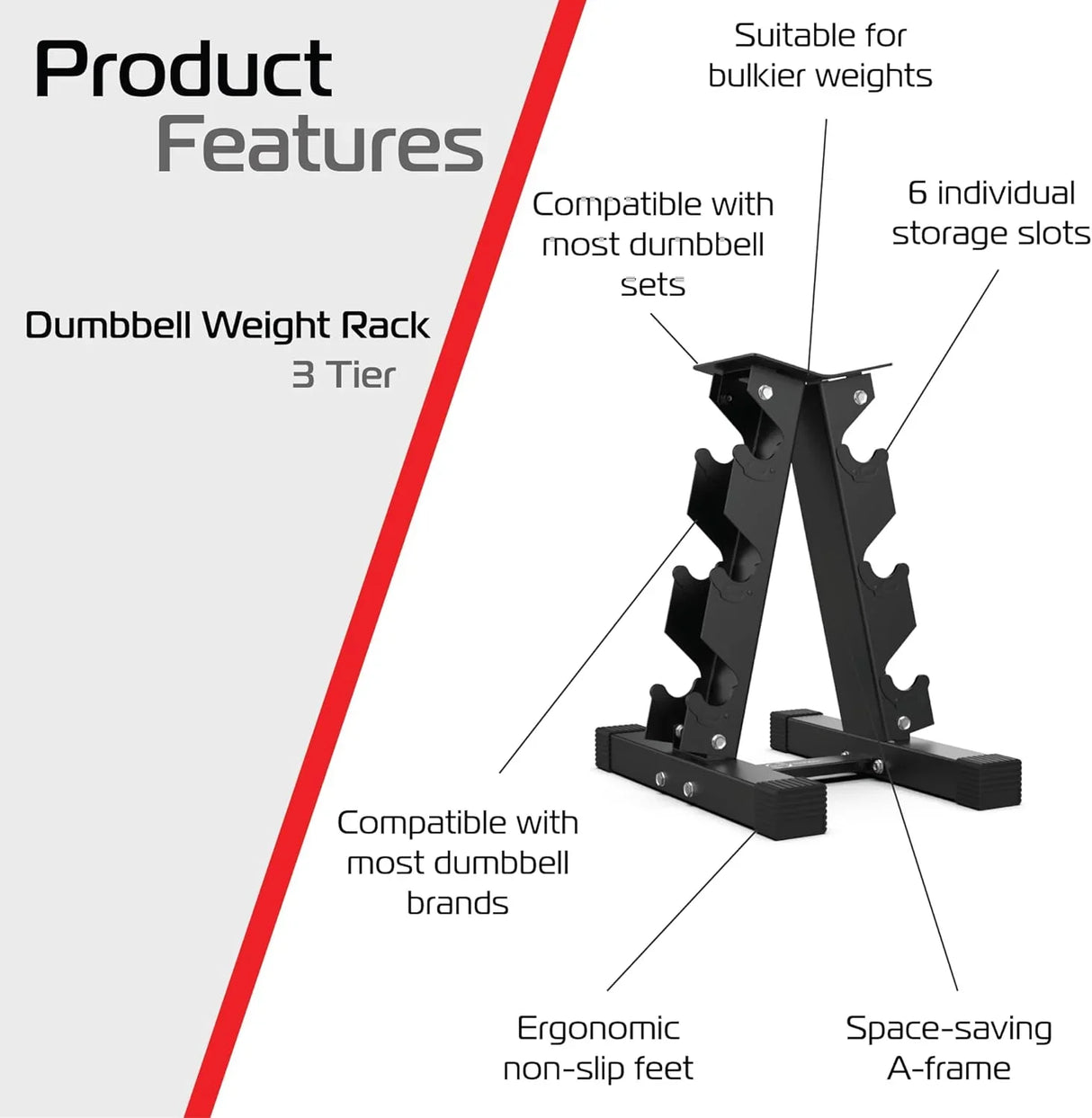 3 Tier Hex Dumbbell Weight Rack in black with six slots, ergonomic non-slip feet, and a space-saving A-frame design