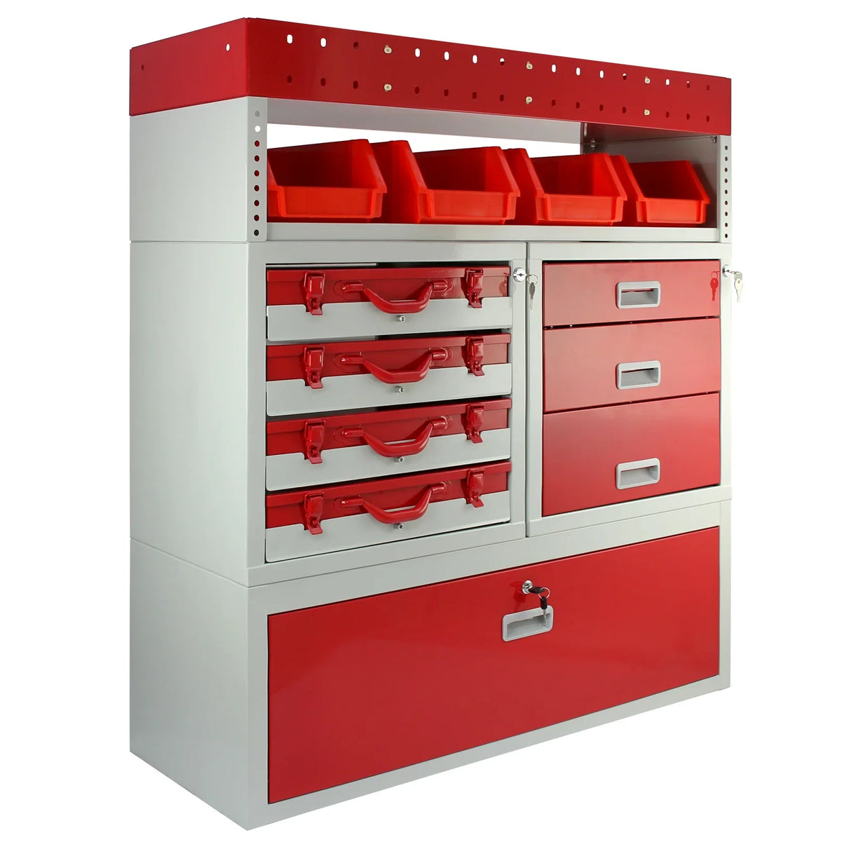 Firecracker Metal Van Racking in red and white, featuring multiple drawers, storage bins, and a sturdy design for efficient organization