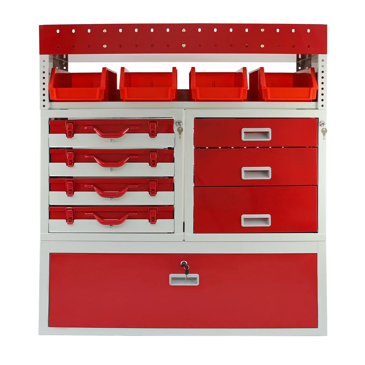 Flame metal van shelving bundle featuring red drawers, orange storage bins, and a sturdy white frame for organized tool storage