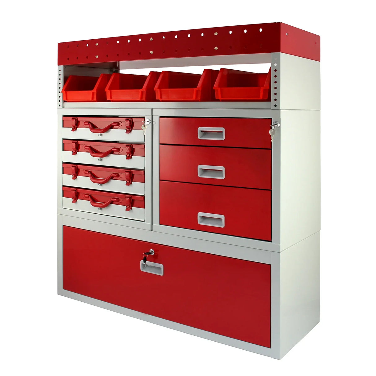 Firecracker Metal Van Racking features a sturdy design with red and silver colors, multiple drawers, and storage bins for organization