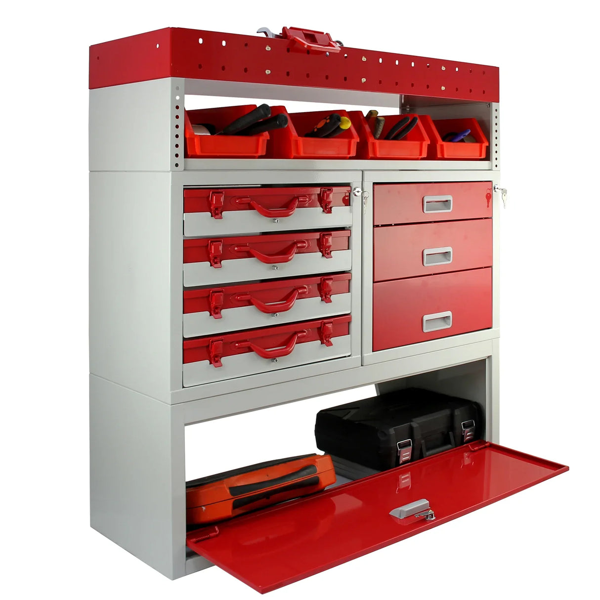 Flame red and gray metal van shelving unit with multiple drawers, tool storage bins, and a pull-out compartment for easy access