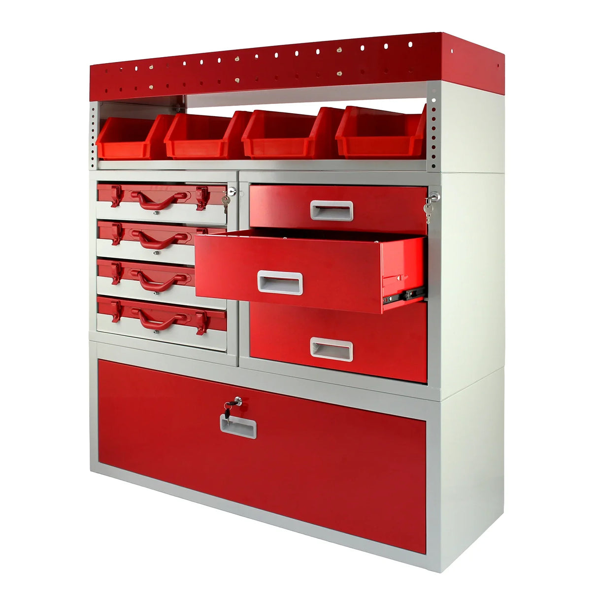 Metal van shelving unit in flame red with multiple drawers and bins, designed for efficient organization and storage solutions