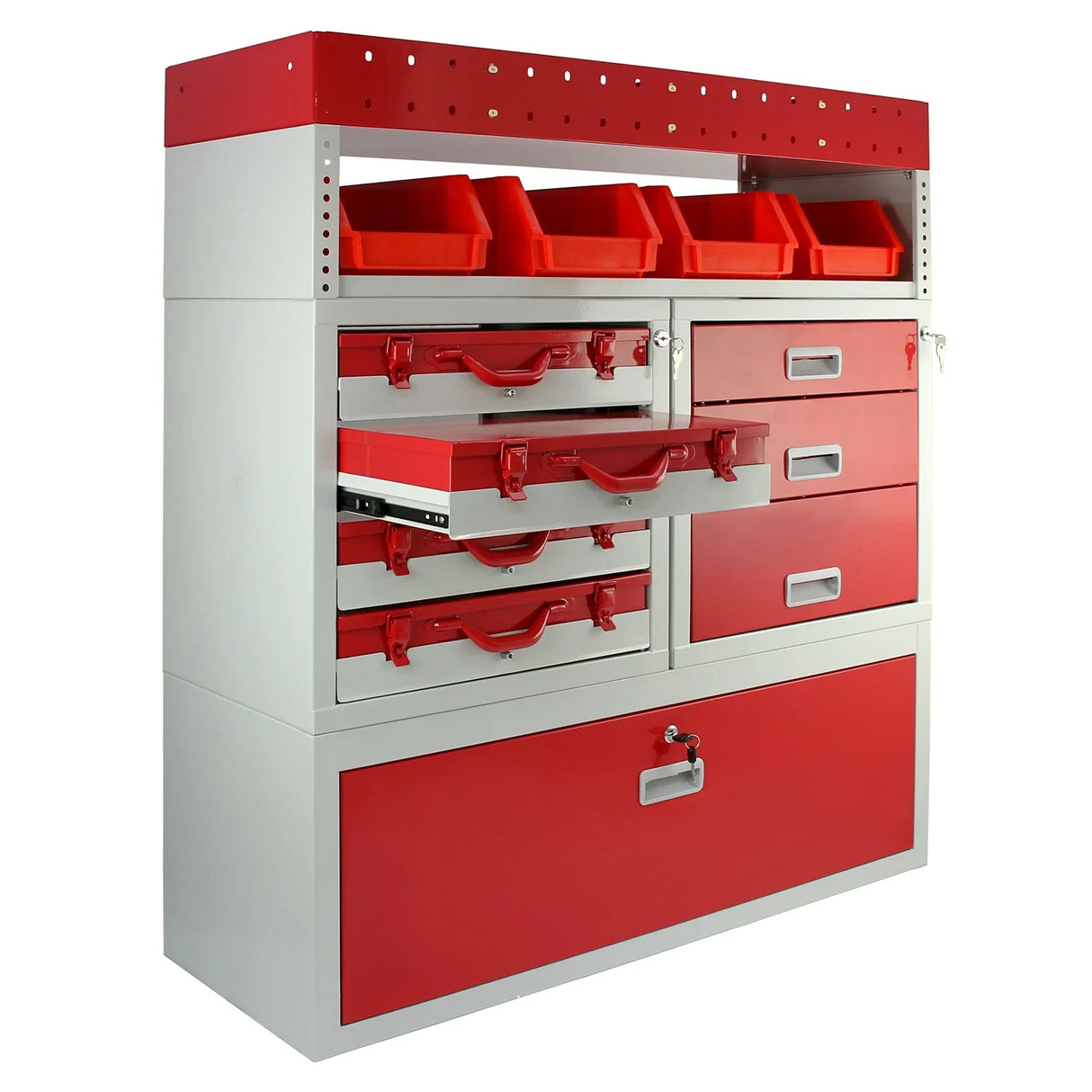 Firecracker Metal Van Racking in red and gray, featuring multiple drawers and storage bins for organized tool and equipment storage