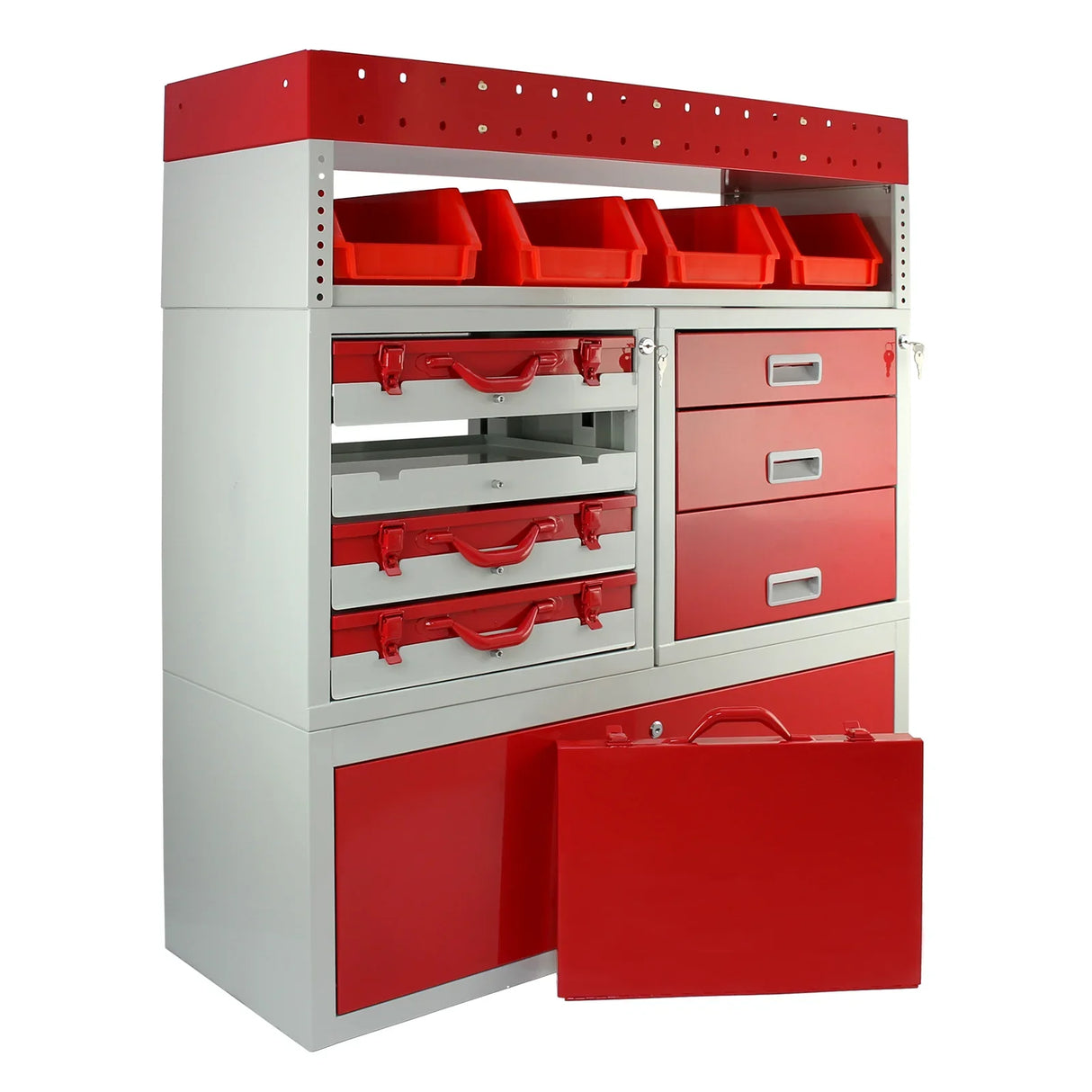 Flame red and silver metal van shelving unit with multiple drawers, storage bins, and a sturdy top shelf for tools and supplies