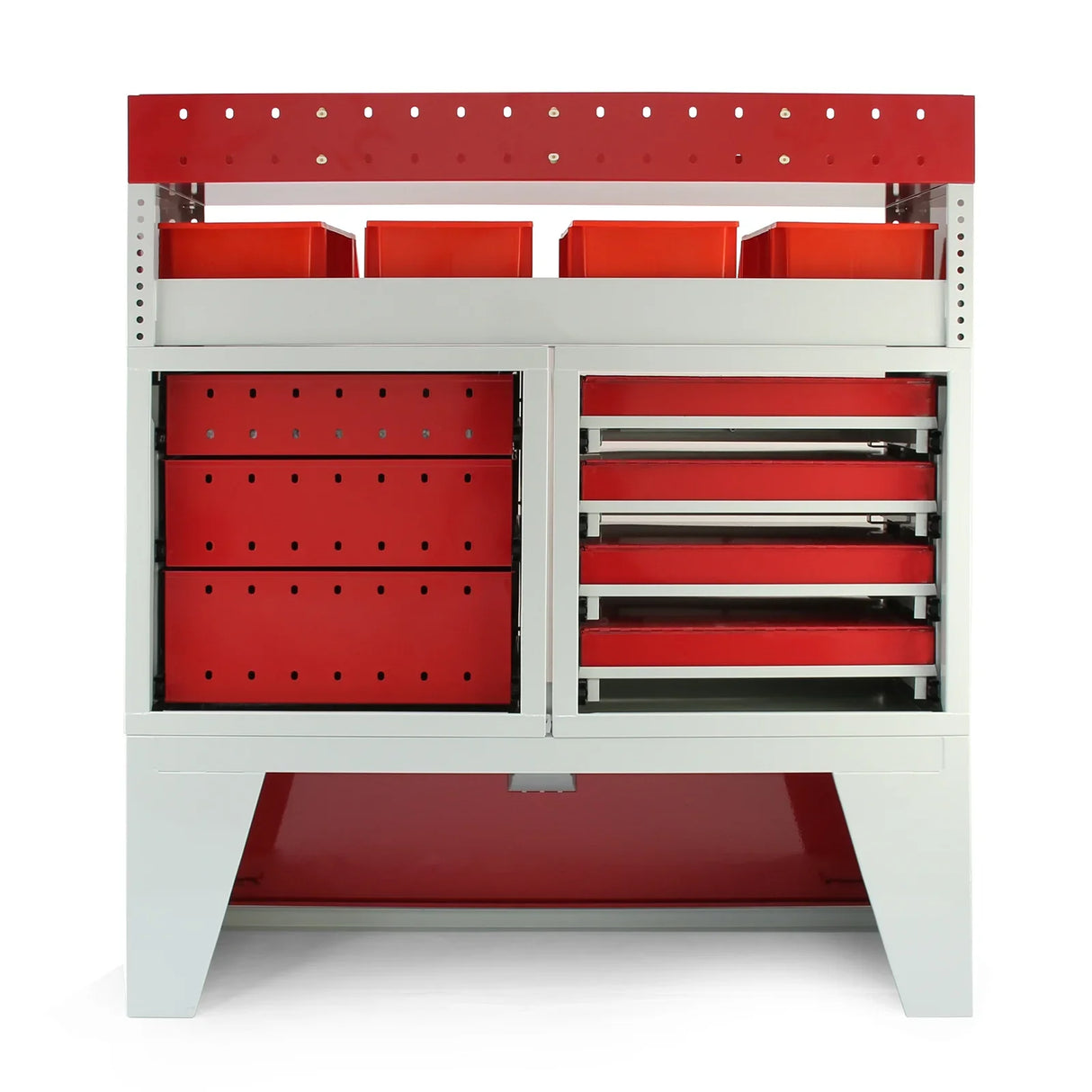 Flame metal van shelving bundle with red drawers and compartments, featuring a sturdy gray frame and organized storage design