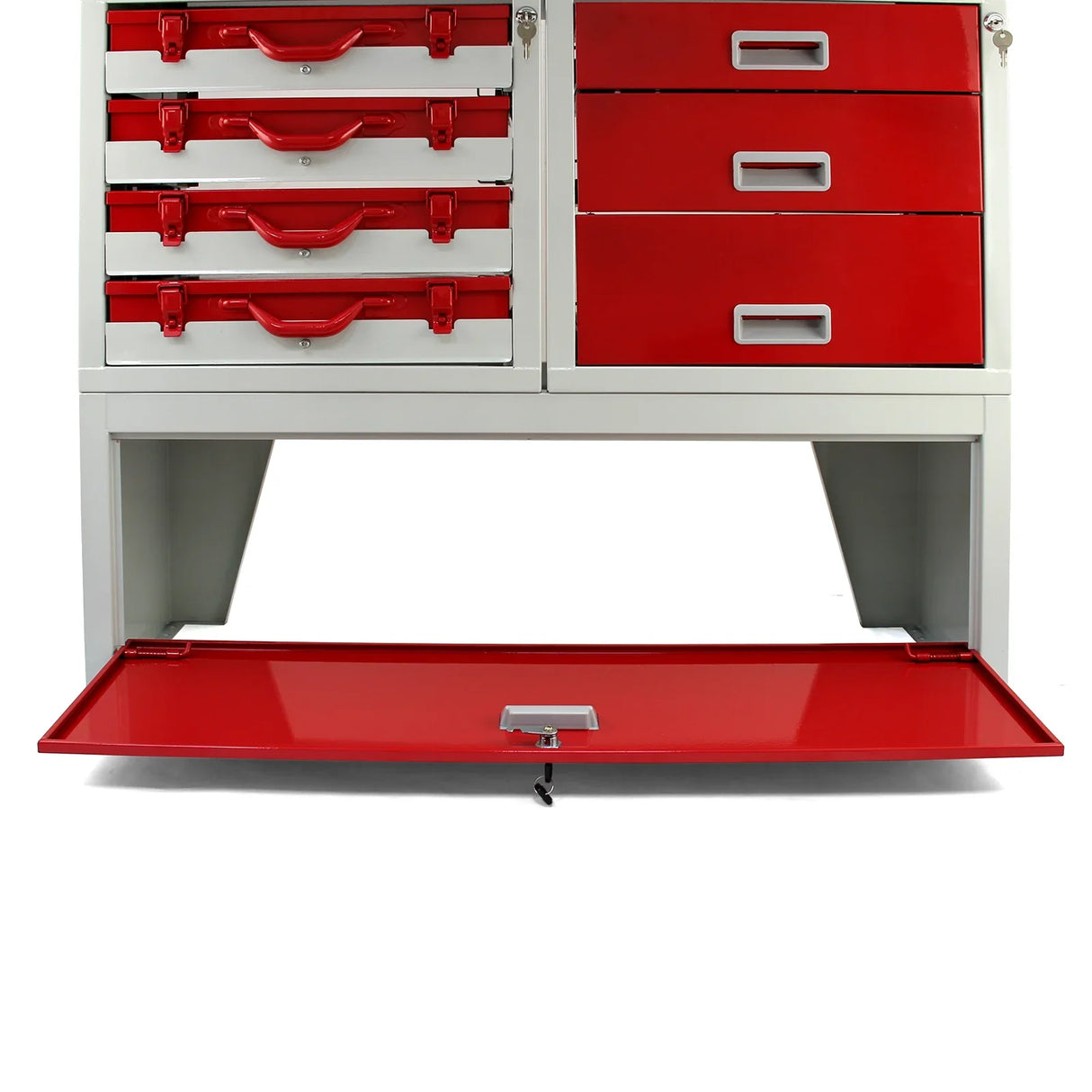 Firecracker Metal Van Racking features a sturdy white frame with vibrant red drawers, ideal for organized storage and easy access