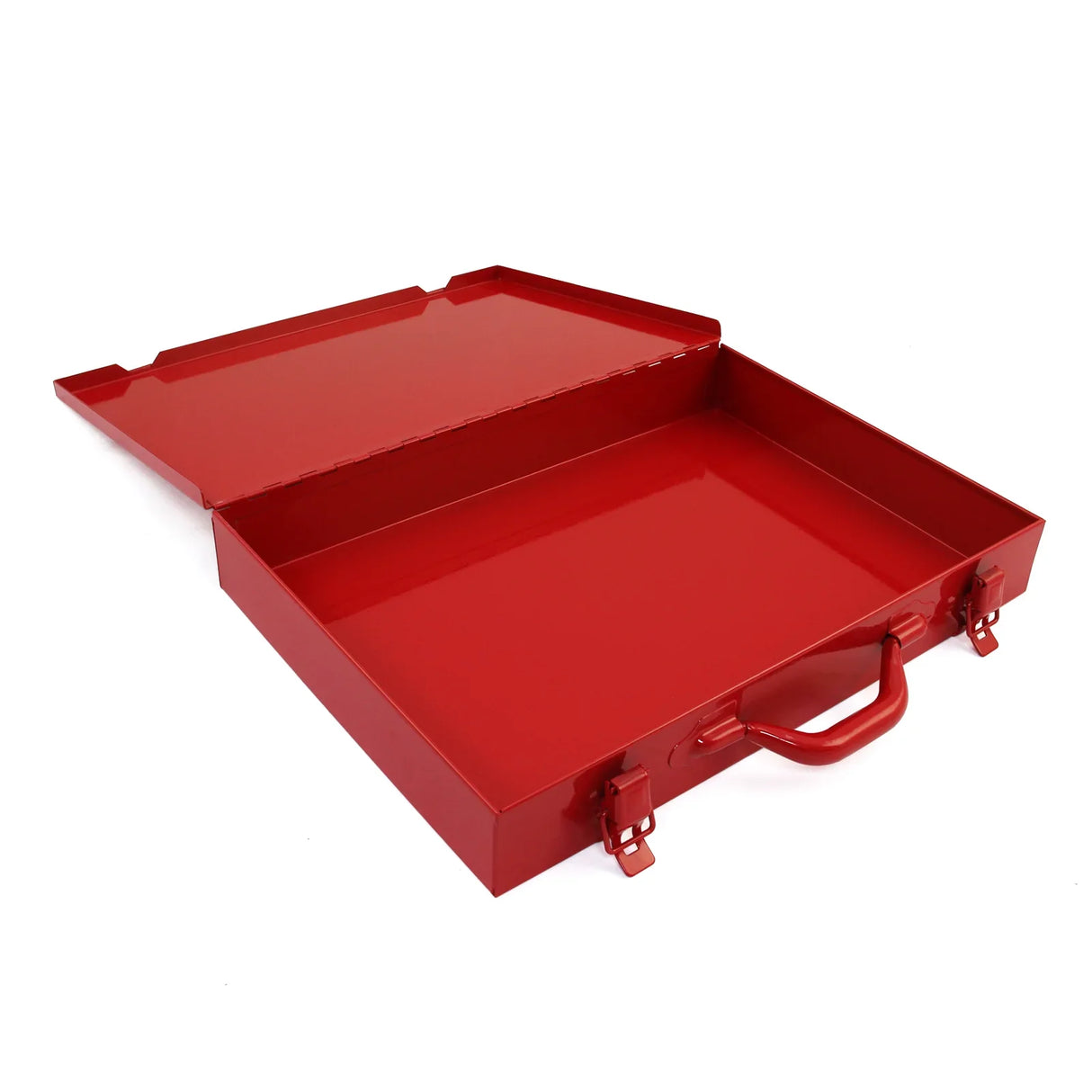 Bright red Firecracker Metal Van Racking with a sturdy handle, featuring a smooth, glossy finish and spacious interior for storage