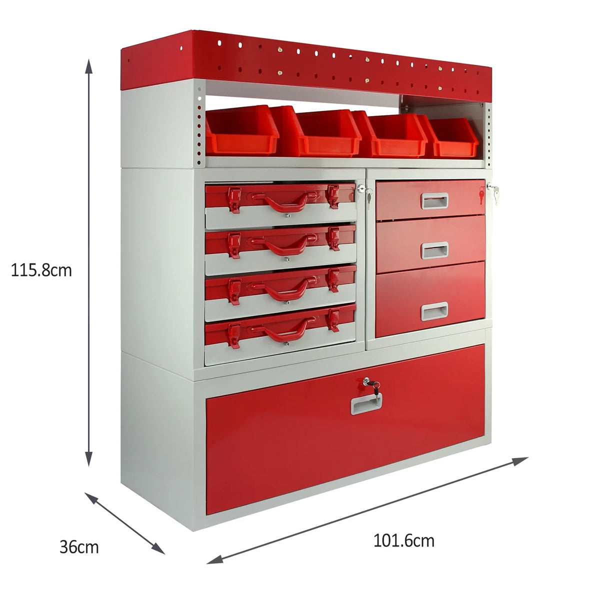 Firecracker Metal Van Racking in red and gray, featuring multiple drawers, storage bins, and a sturdy design for organized tools and supplies