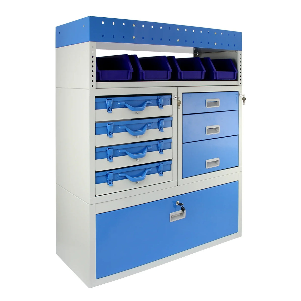 Storm Metal Van Racking in blue and white, featuring multiple drawers, bins, and shelves for organized storage solutions