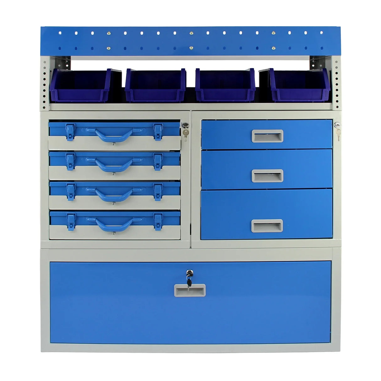 Storm Metal Van Racking featuring a sturdy blue and gray design, multiple drawers, and storage bins for organized tool storage