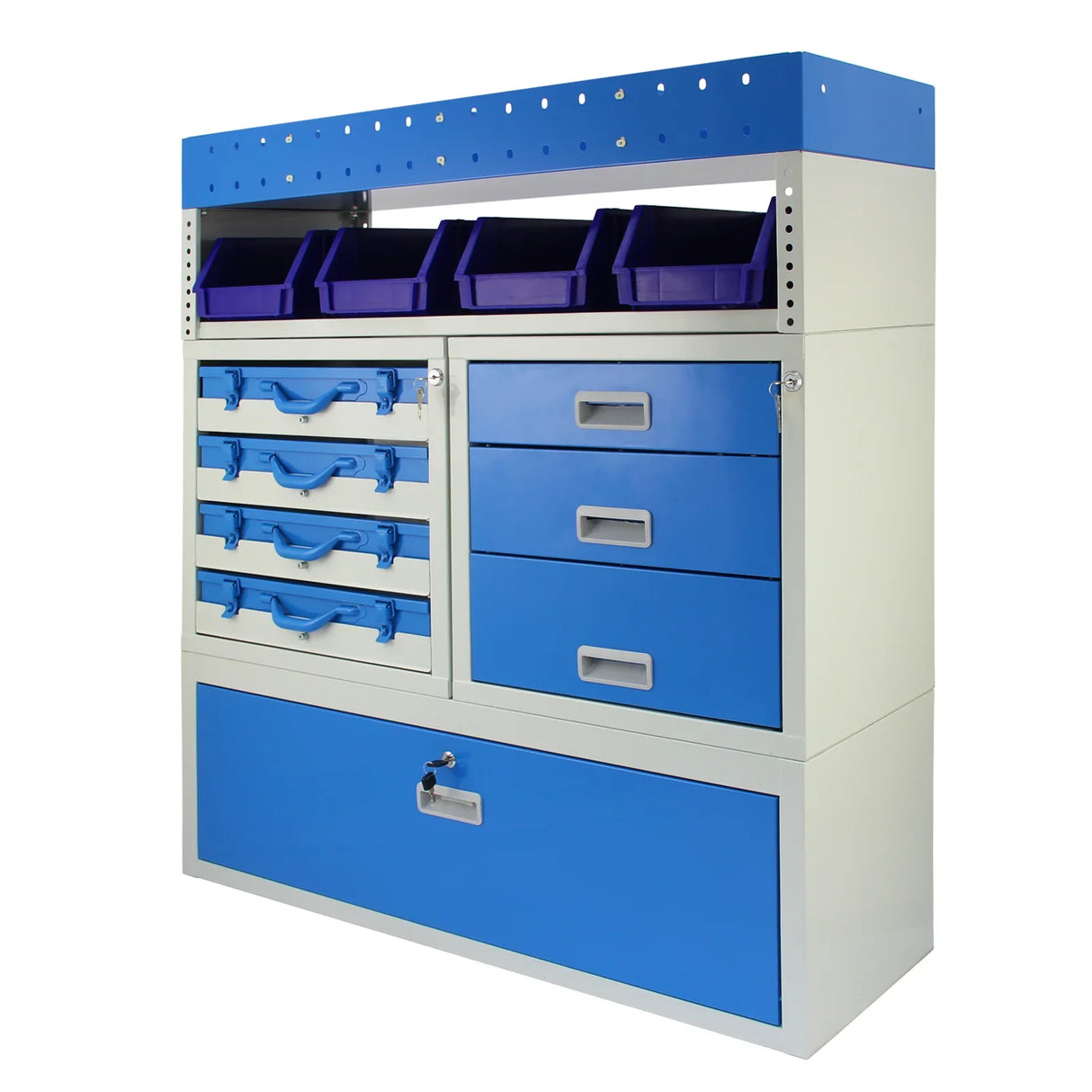 Storm Metal Van Racking featuring a sturdy design with blue and white finish, multiple drawers, and storage bins for efficient organization