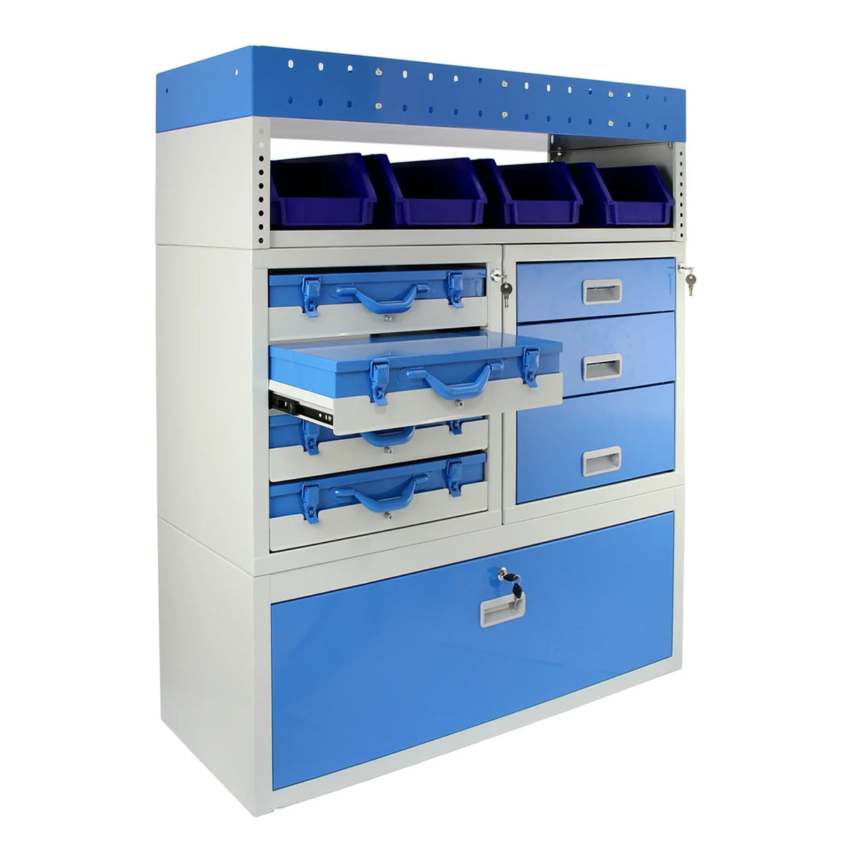 Storm Metal Van Racking in blue and white, featuring multiple drawers and storage bins for organized tool and equipment storage