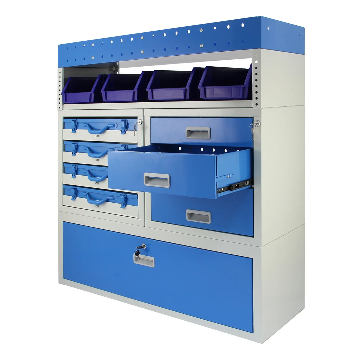 Storm Metal Van Racking features a sturdy design with blue and white colors, multiple drawers, and storage bins for organized tool storage
