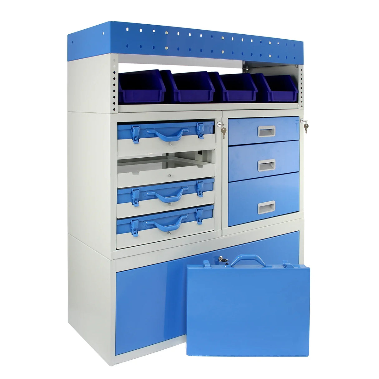 Metal van shelving unit in blue and white, featuring multiple drawers, storage bins, and a secure toolbox for organized storage