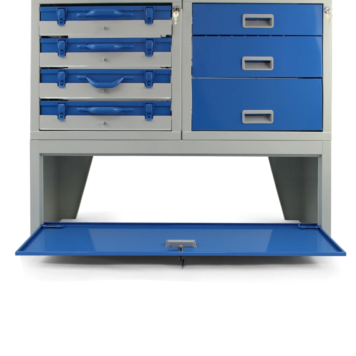 Metal van shelving unit featuring a gray frame with blue drawers and a pull-out shelf, ideal for organized storage solutions