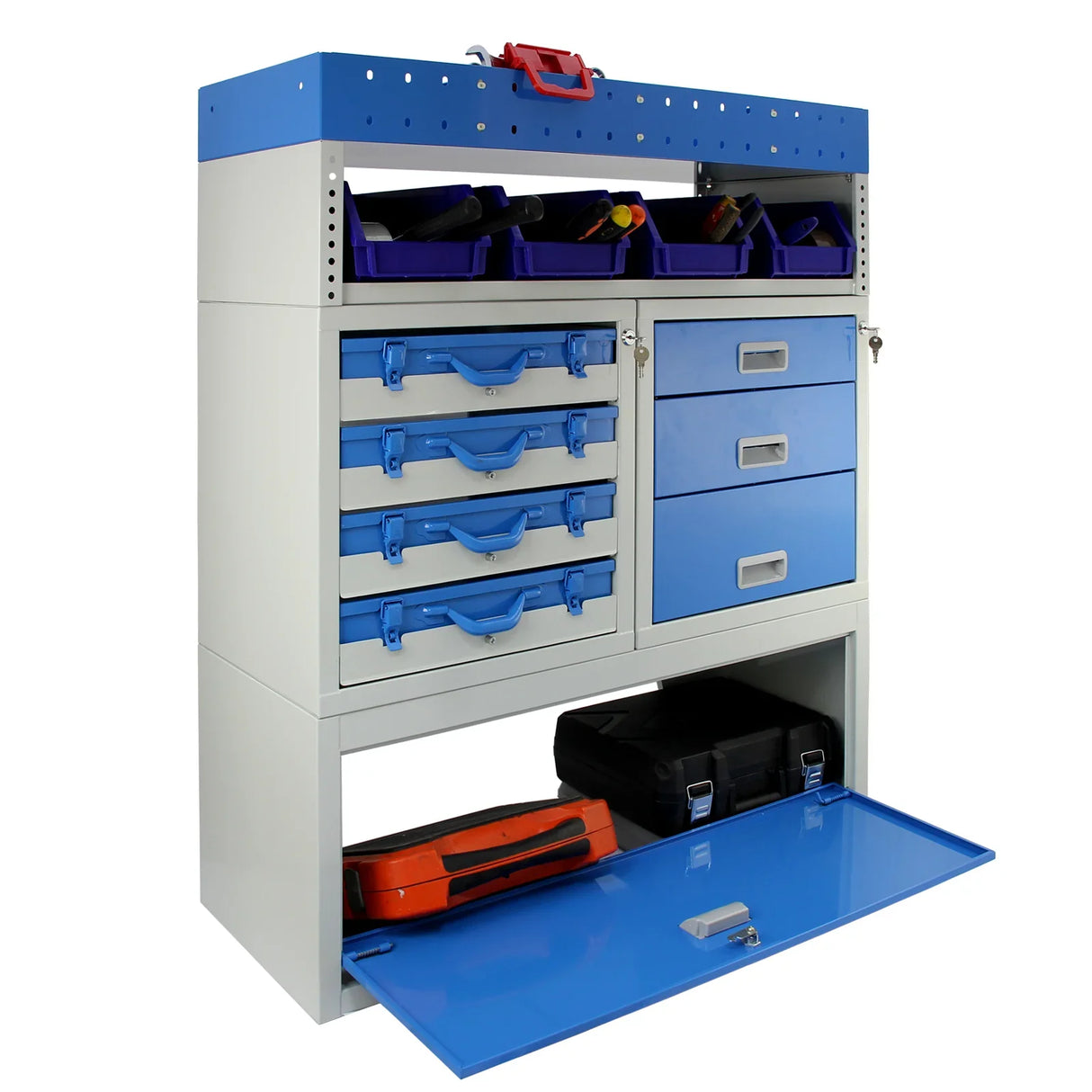 Storm Metal Van Racking featuring a sturdy blue and gray design, multiple drawers, and an upper shelf for organized tool storage