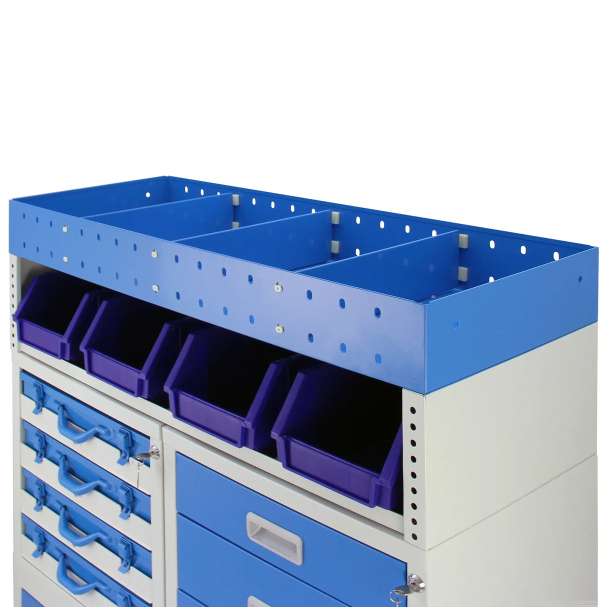 Storm Metal Van Racking features a sturdy white frame with a blue top, multiple storage bins, and a sleek, organized design for efficient tool storage