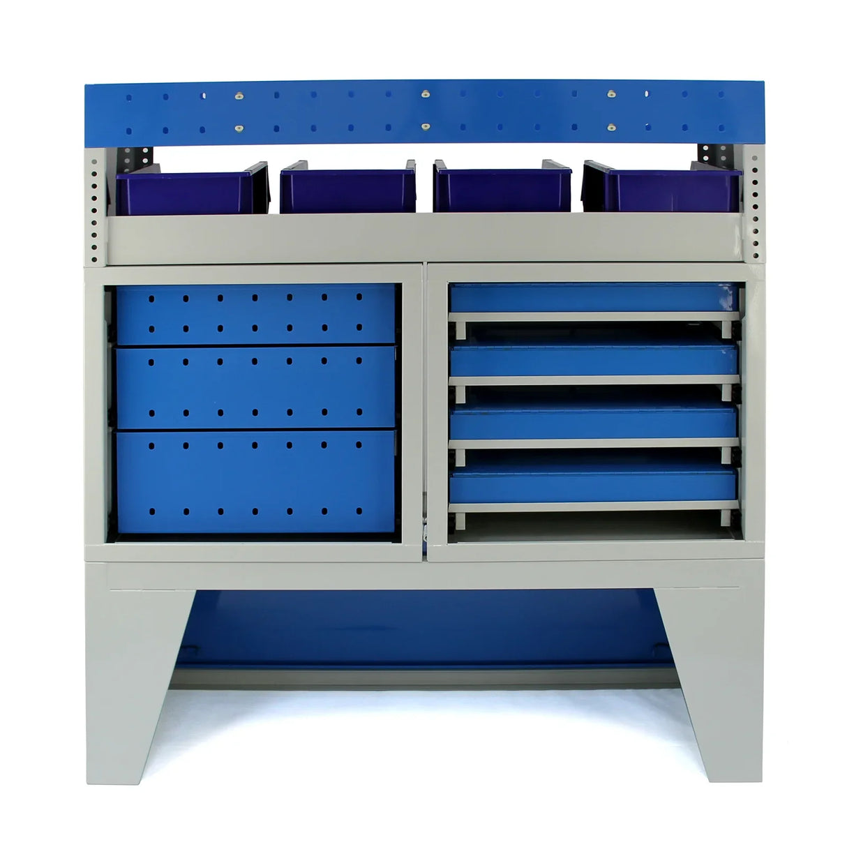 Storm Metal Van Racking in grey and blue, featuring multiple drawers and storage bins for organized tool and equipment storage