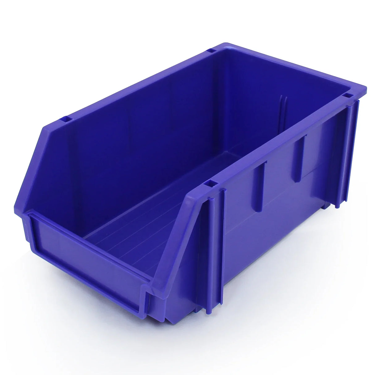 Durable purple plastic storage bin with a sturdy design, ideal for organizing tools and equipment in van racking systems