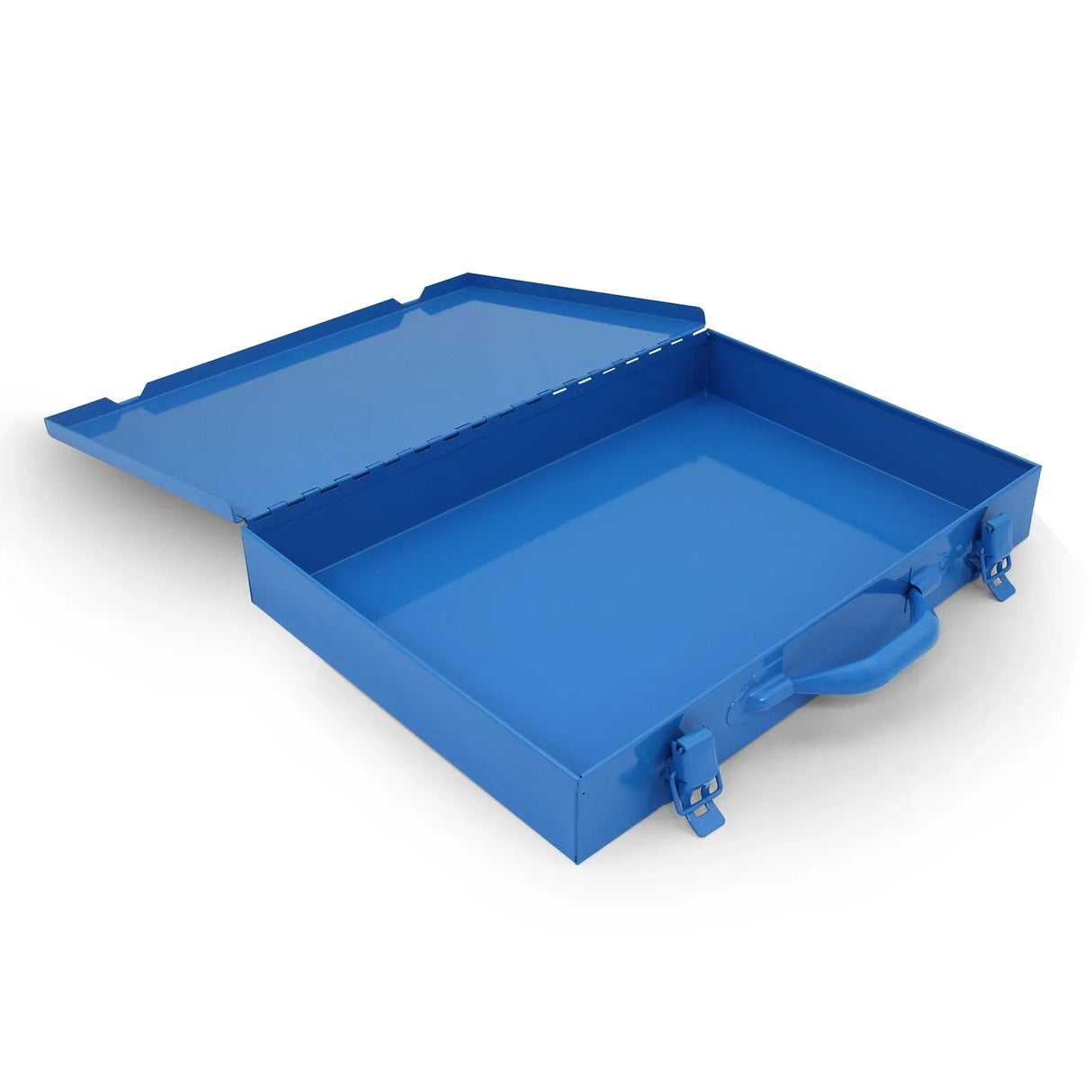 Bright blue metal storage box with a hinged lid, sturdy handle, and smooth interior, ideal for organizing tools and supplies
