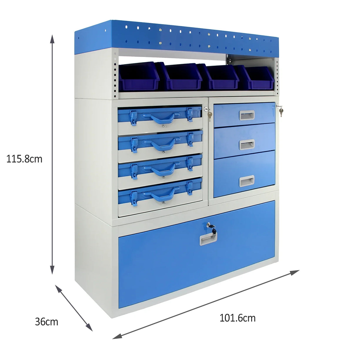 Storm Metal Van Racking in blue and white, featuring multiple drawers and storage bins, designed for efficient organization in vans